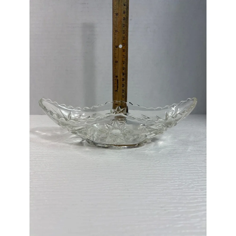 Vintage Clear Pressed Glass Starburst Relish Dish Scalloped Edge Bowl 8.5